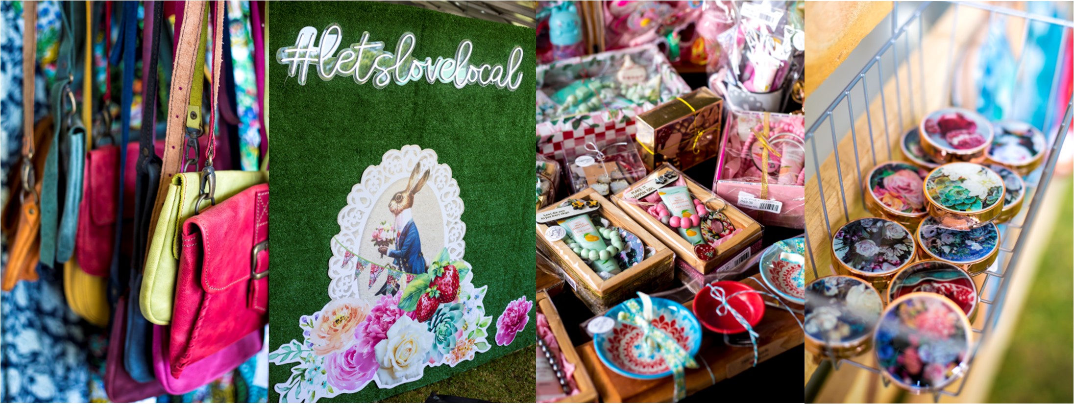 Brightly coloured leather handbags and assorted gifts. Let's Love Local Gift Market entrance with our #letslovelocal neon entry sign welcoming our visitors inspiring them to support local